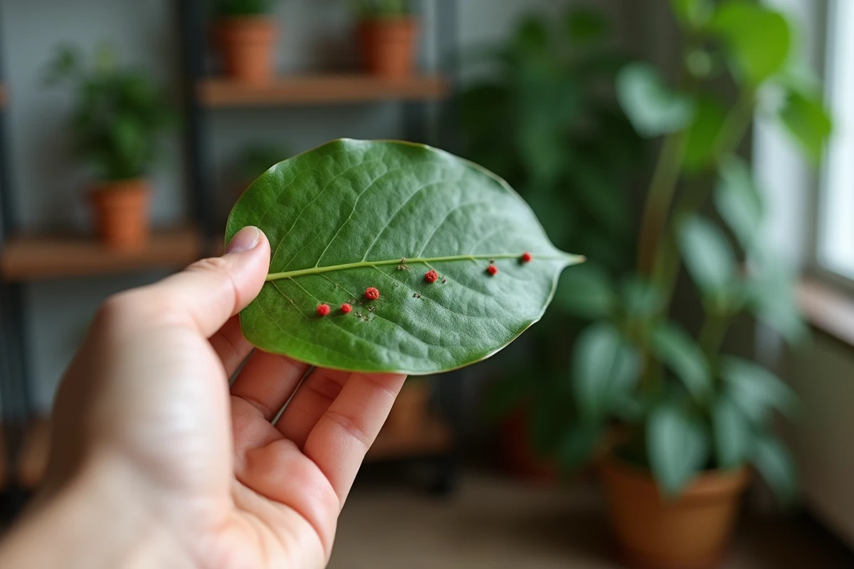 Main tenant une feuille de plante d'intérieur infestée d'acariens rouges avec toile fine visible
