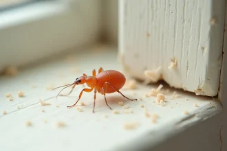 Gros plan macro d'un petit acarien rouge sur un rebord de fenêtre en bois blanc à l'intérieur d'une maison