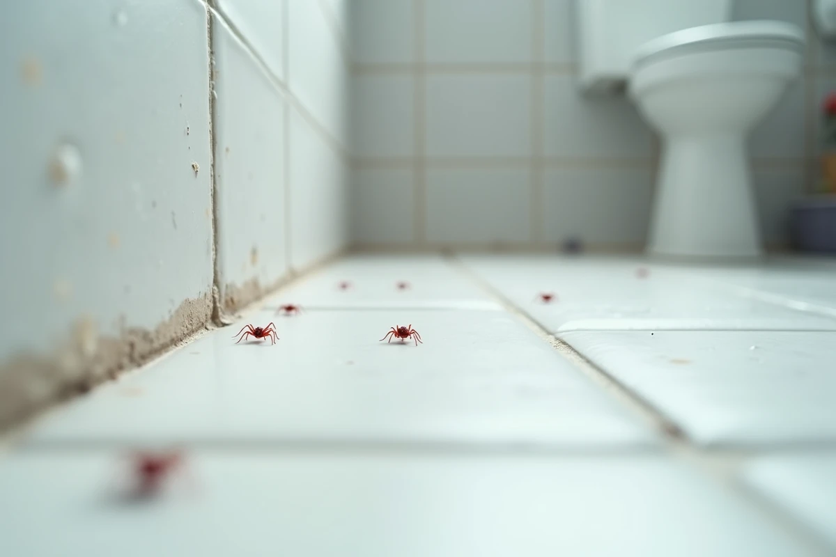 Acariens rouges minuscules visibles sur le carrelage blanc d'une salle de bain près de la plinthe