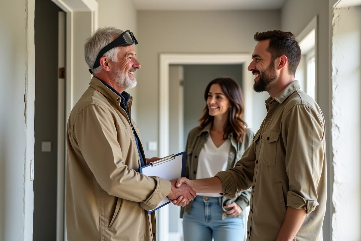 Artisan serrant la main d'un couple de propriétaires après accord sur un devis de rénovation