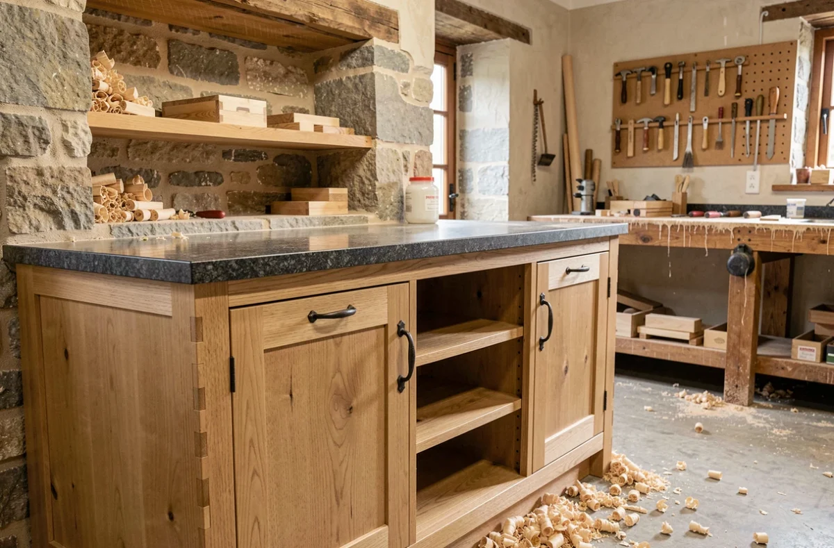 Cuisine sur mesure en chêne massif réalisée par l'atelier AMDP en Côtes-d'Armor