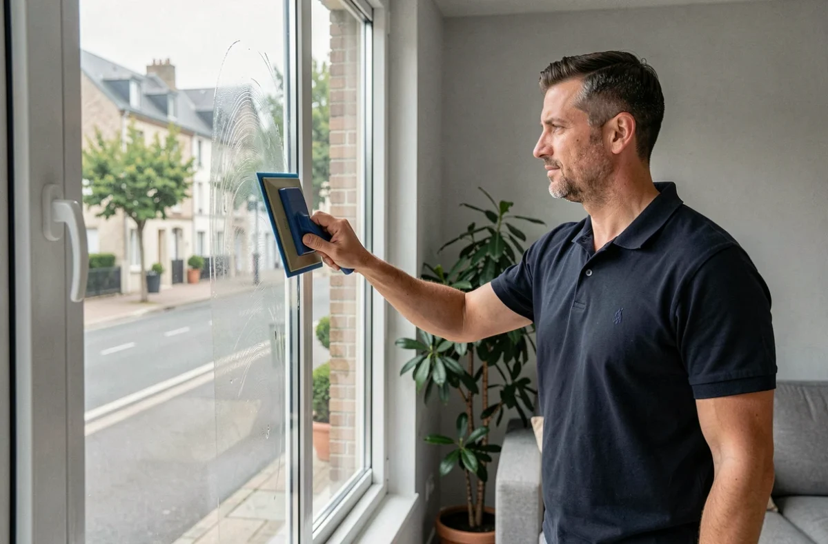 Employé Apef Services Rennes nettoyant les vitres d'un salon avec une raclette professionnelle