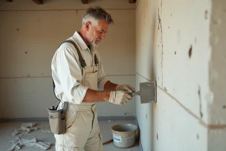Artisan appliquant de l'enduit MAP sur un mur intérieur fissuré avec une spatule en inox
