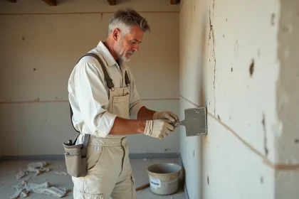 Artisan appliquant de l'enduit MAP sur un mur intérieur fissuré avec une spatule en inox