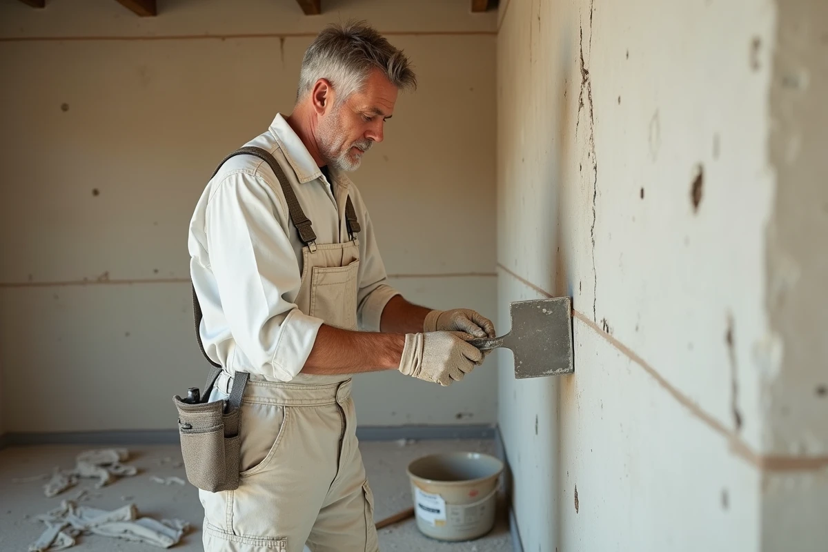 Artisan appliquant de l'enduit MAP sur un mur intérieur fissuré avec une spatule en inox