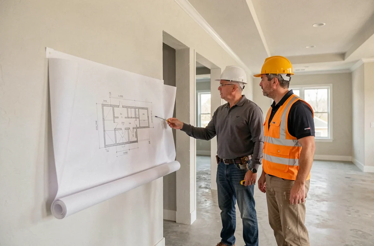 Architecte et chef de chantier examinant un mur de refend porteur dans une maison individuelle rénovée
