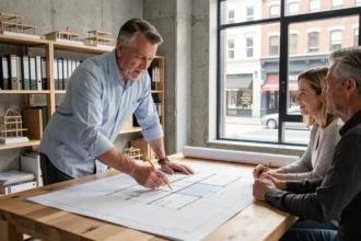 Architecte présentant des plans d'extension de maison à un couple dans un bureau d'architecture moderne