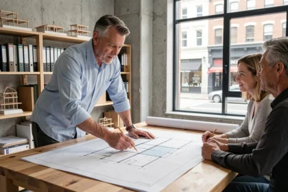 Architecte présentant des plans d'extension de maison à un couple dans un bureau d'architecture moderne