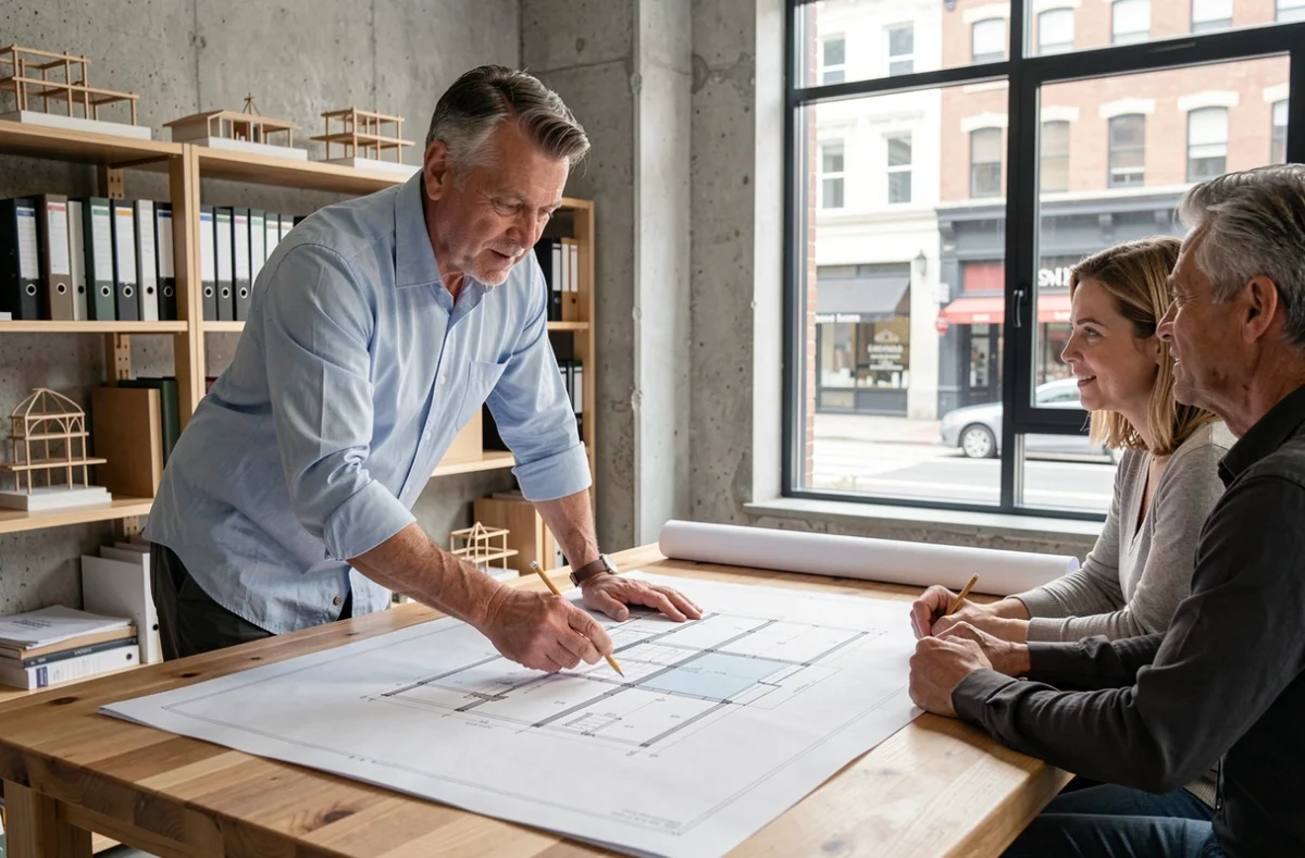 Architecte présentant des plans d'extension de maison à un couple dans un bureau d'architecture moderne