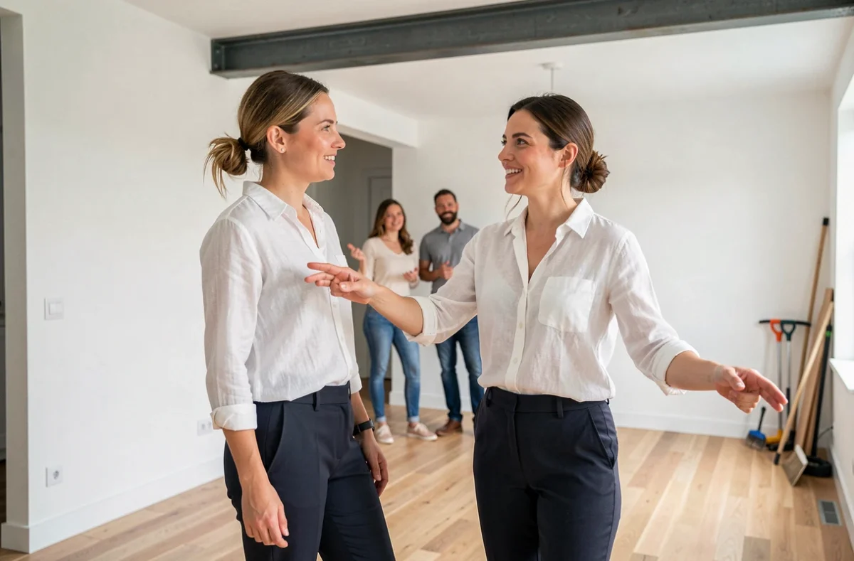 Architecte présentant un espace ouvert après suppression d'un mur non porteur dans un appartement rénové