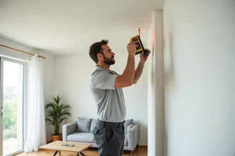 Artisan mesurant la hauteur sous plafond tendu avec un télémètre laser dans un salon moderne rénové
