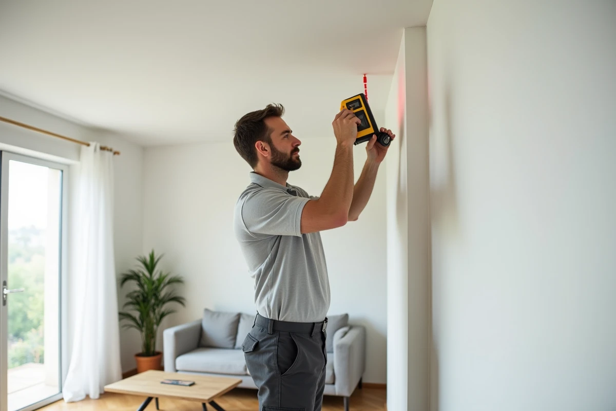 Artisan mesurant la hauteur sous plafond tendu avec un télémètre laser dans un salon moderne rénové