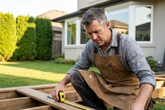 Artisan mesurant des planches en bois pour une terrasse sur-mesure dans un jardin résidentiel