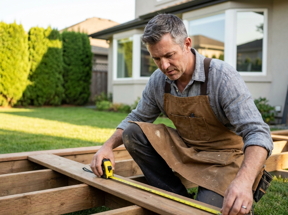 Artisan mesurant des planches en bois pour une terrasse sur-mesure dans un jardin résidentiel
