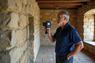 Auditeur énergétique inspectant le mur en pierre d'une maison ancienne avec une caméra thermique lors d'un diagnostic énergie