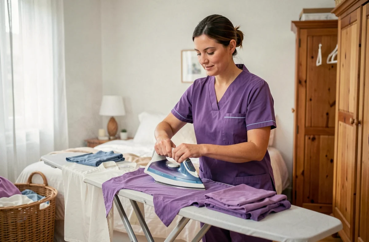 Employée Azaé Rennes repassant du linge dans une chambre à coucher chaleureuse et bien rangée