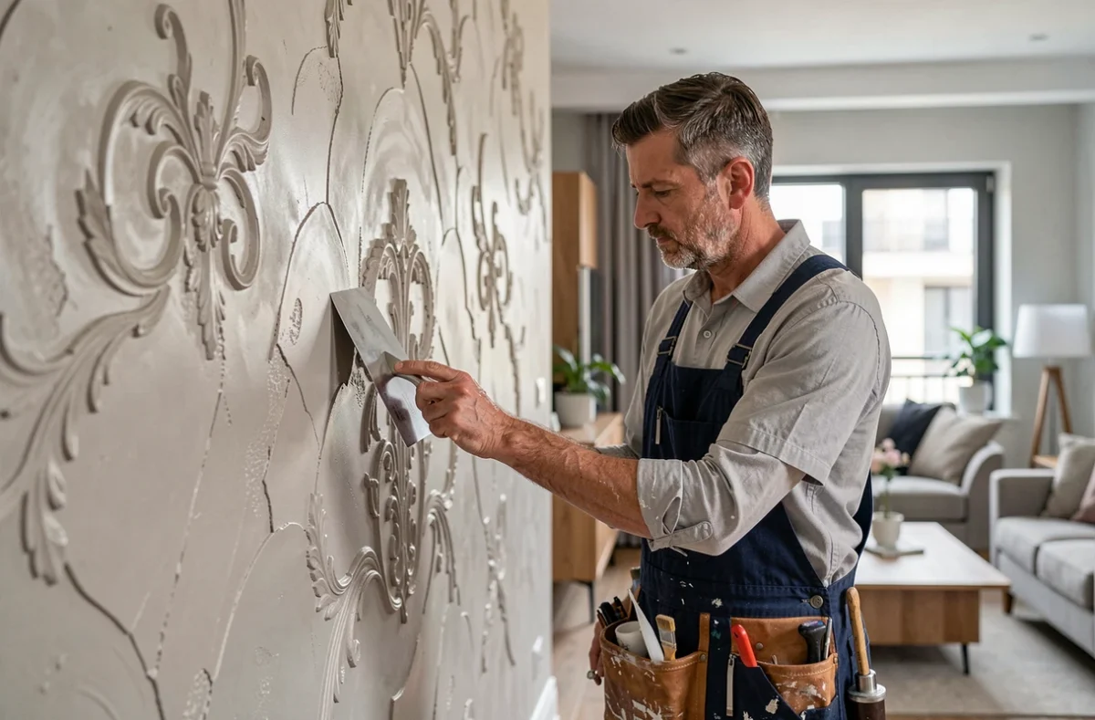 Peintre spécialiste de B-Art' Paints appliquant une finition enduit vénitien dans un appartement lyonnais