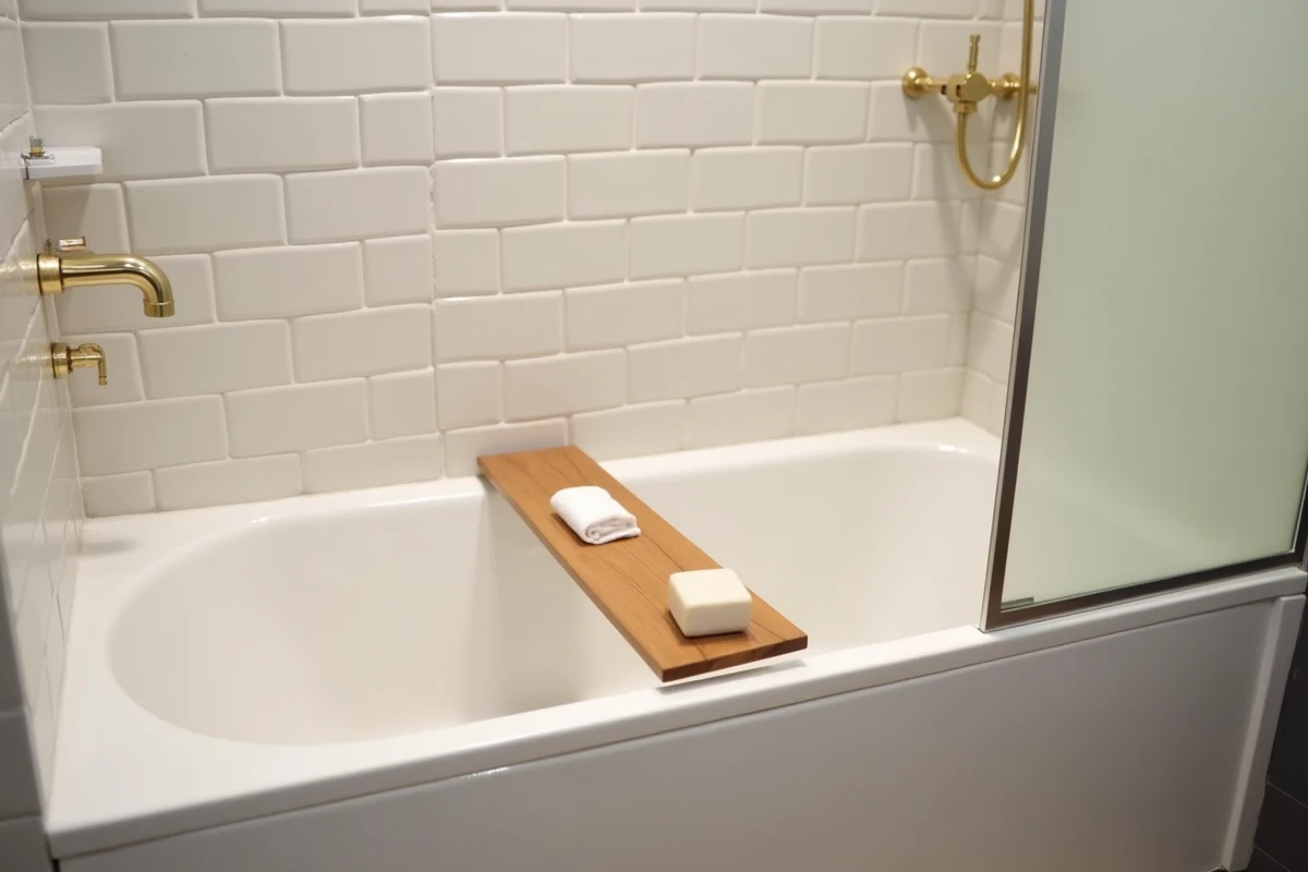 Baignoire encastrée compacte de 150 cm avec robinetterie dorée dans une salle de bain urbaine