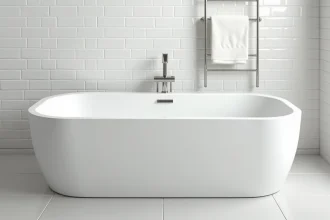 Baignoire rectangulaire autoportante de 170 cm dans une salle de bain moderne carrelée en blanc