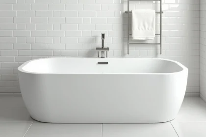 Baignoire rectangulaire autoportante de 170 cm dans une salle de bain moderne carrelée en blanc