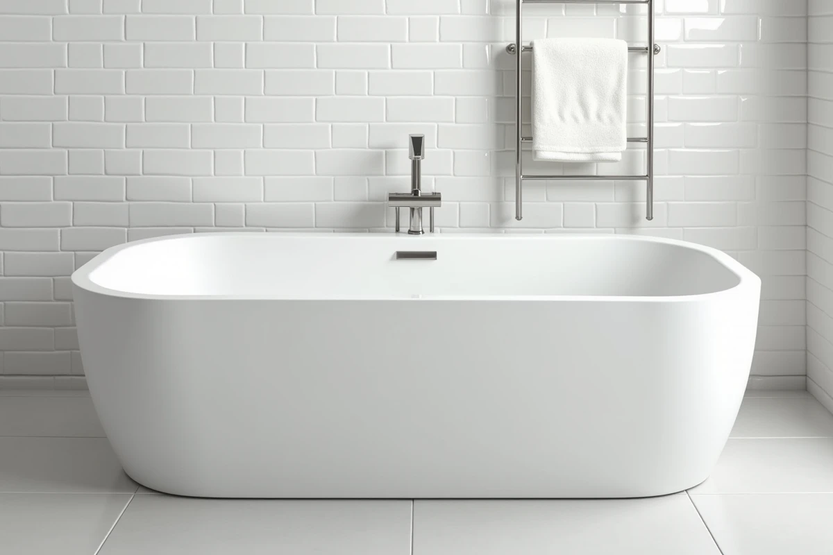 Baignoire rectangulaire autoportante de 170 cm dans une salle de bain moderne carrelée en blanc