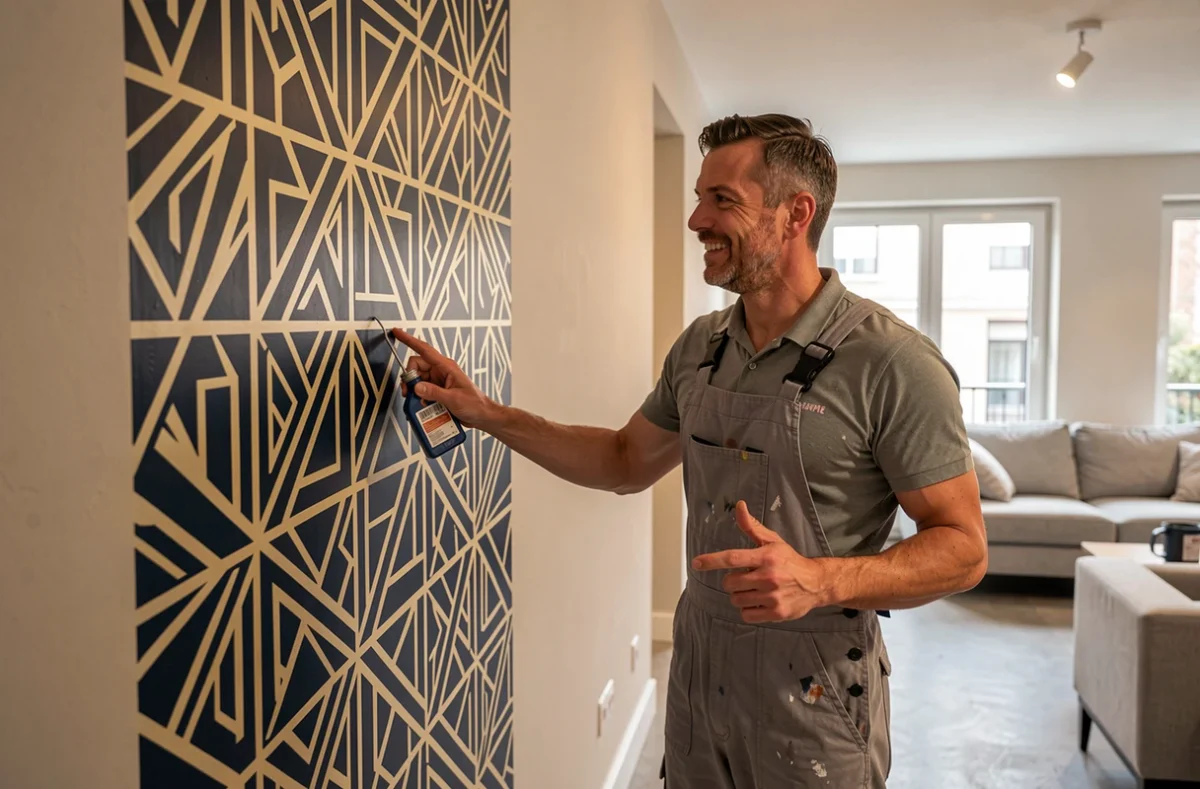 Décorateur de Baudeco présentant un travail de pochoir décoratif sur un mur dans un intérieur lyonnais moderne