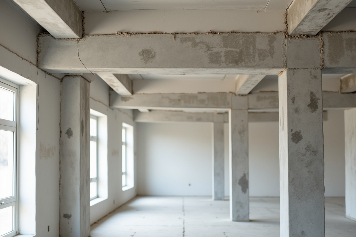Vue rapprochée de poutres en béton armé dans un loft lumineux