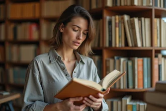 Femme examinant un livre d'occasion sur une bibliothèque tournante dans une librairie de seconde main