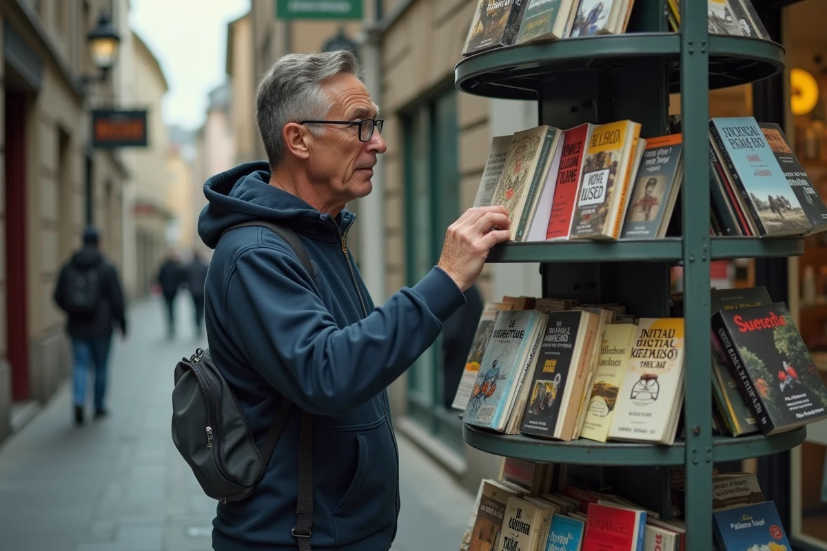 Homme parcourant une bibliothèque tournante d'occasion en extérieur devant une librairie de rue