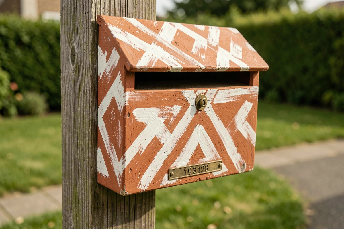 Boîte aux lettres en bois peinte à la main avec un motif géométrique terracotta et blanc dans un jardin résidentiel