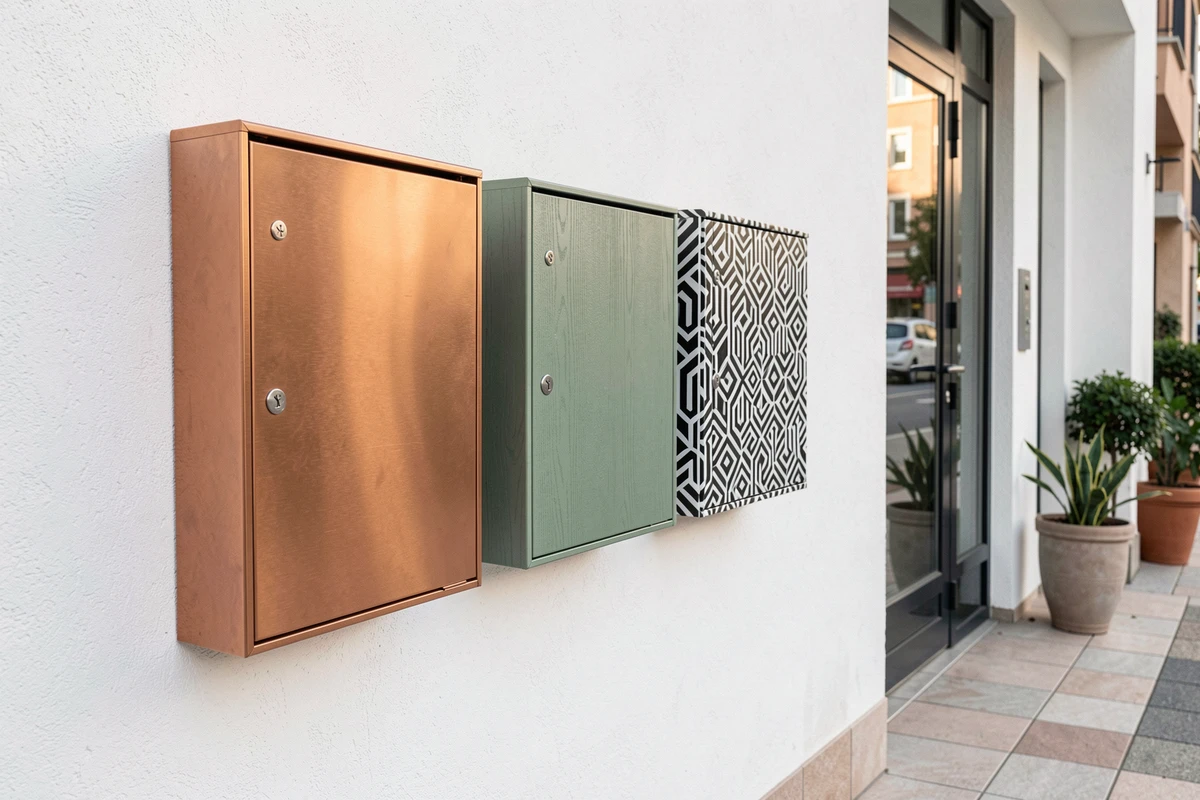 Trois boîtes aux lettres d'immeuble personnalisées avec différents films adhésifs, cuivre, vert sauge et motif géométrique