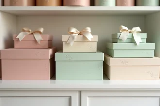 Collection de boîtes à cadeaux vides en carton pastel empilées sur une étagère en bois blanc dans une boutique de papeterie