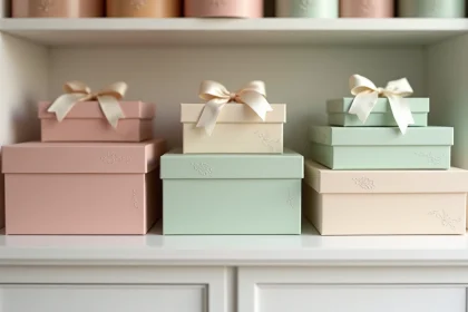 Collection de boîtes à cadeaux vides en carton pastel empilées sur une étagère en bois blanc dans une boutique de papeterie