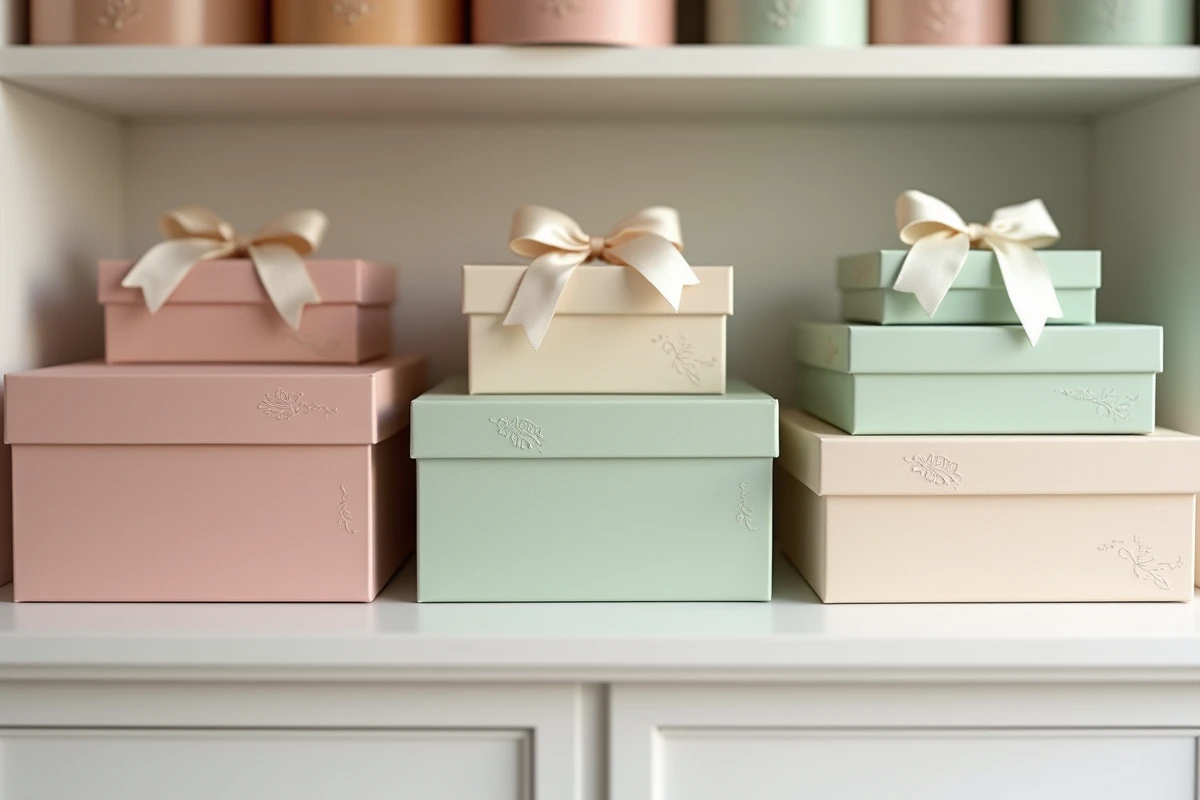 Collection de boîtes à cadeaux vides en carton pastel empilées sur une étagère en bois blanc dans une boutique de papeterie