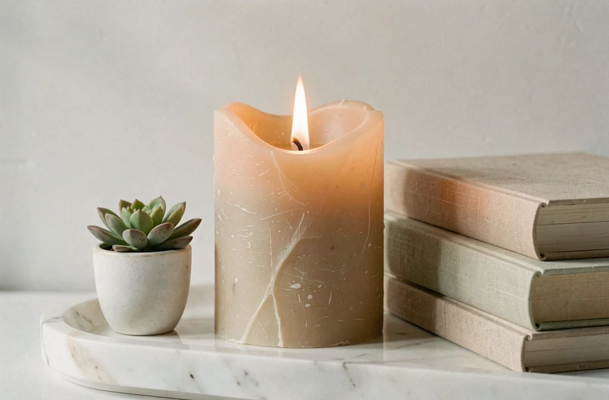 Gros plan d'une bougie fausse flamme sur plateau en marbre avec plantes et livres, alternative sûre à la bougie en cire
