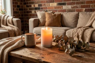 Bougie à fausse flamme LED posée sur une table basse en bois dans un salon cosy avec plaid et tasse de thé