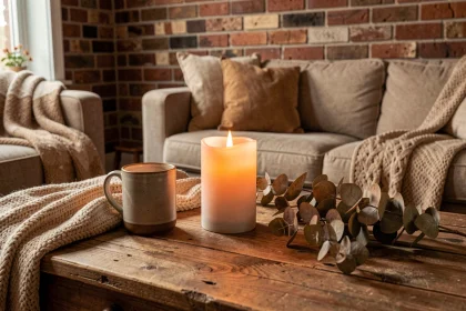 Bougie à fausse flamme LED posée sur une table basse en bois dans un salon cosy avec plaid et tasse de thé