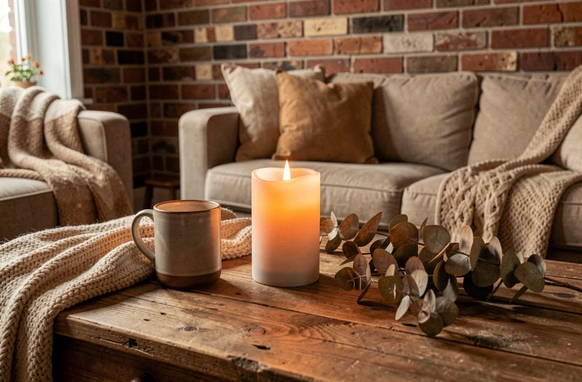 Bougie à fausse flamme LED posée sur une table basse en bois dans un salon cosy avec plaid et tasse de thé