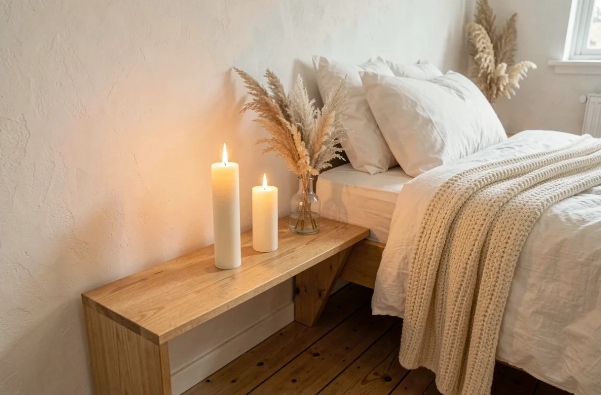 Trois bougies à fausse flamme LED dans une chambre style scandinave avec décor hygge en bois et laine