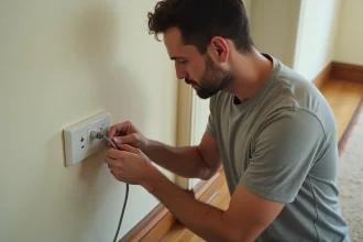 Homme branchant un câble téléphonique dans une prise murale dans un appartement