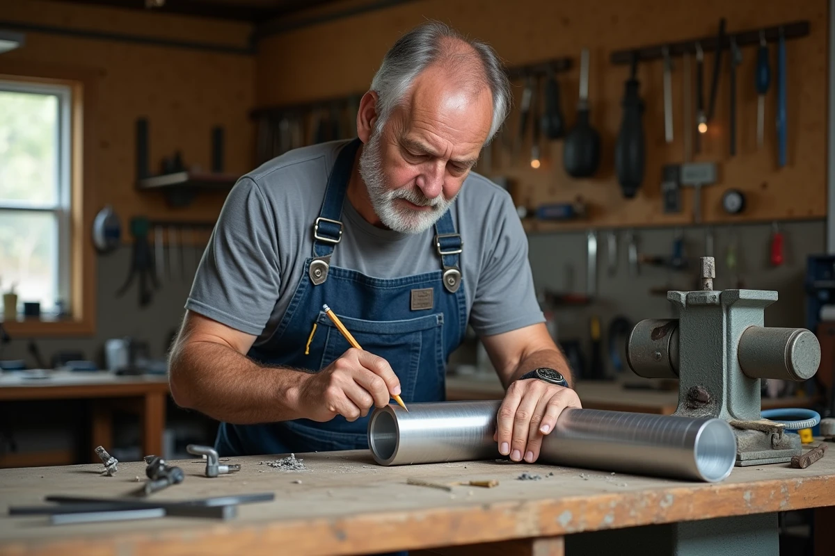 Bricoleur mesurant un tube en aluminium sur un établi en bois dans un atelier de garage
