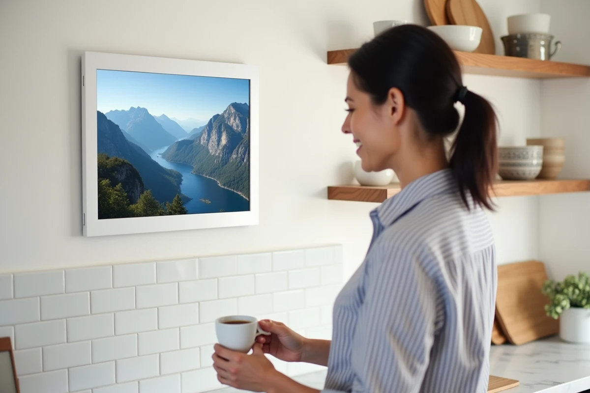 Cadre photo connecté accroché au mur d'une cuisine moderne affichant un paysage de montagne