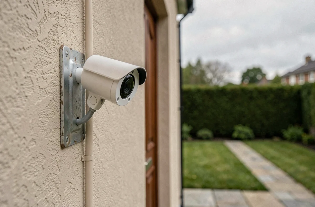 Caméra de surveillance extérieure Verisure installée sur la façade d'une maison résidentielle