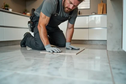 Carreleur homme posant un grand carreau de marbre au sol