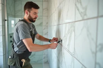 Carreleur homme appliquant du jointoiement dans une salle de bain moderne