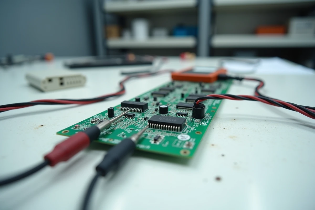 Carte électronique et câblage d'un volet roulant Bubendorff démontés sur un établi d'atelier