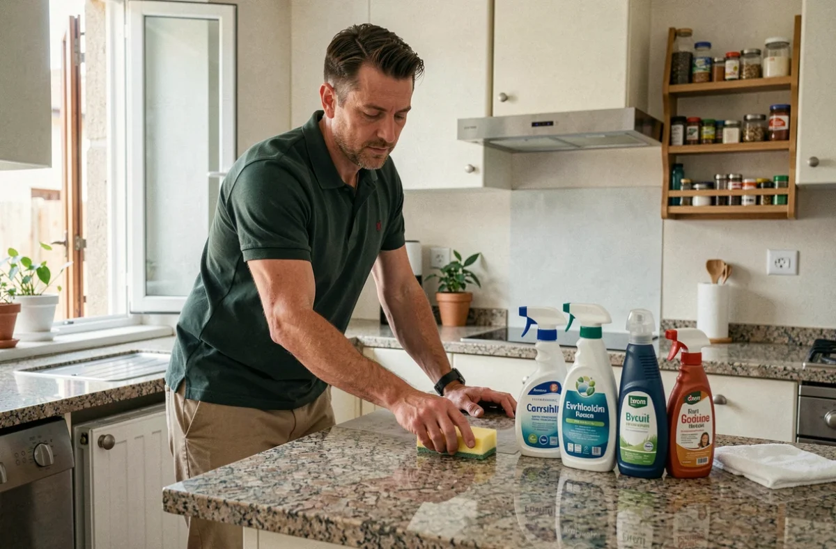 Professionnel Centre Services Rennes nettoyant un plan de travail en granit avec des produits écologiques