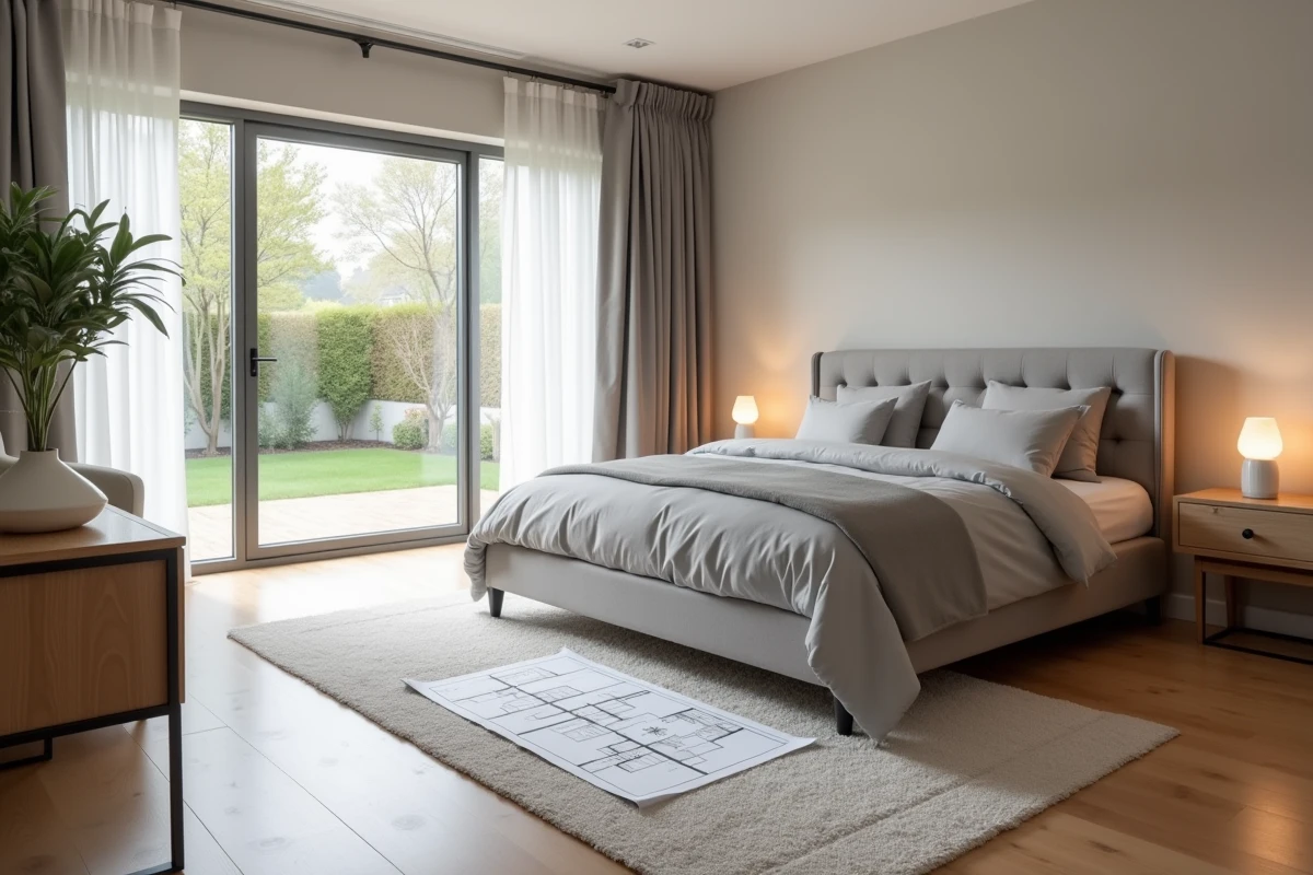 Chambre principale spacieuse d'une maison de plain-pied avec plan architectural sur bureau en bois