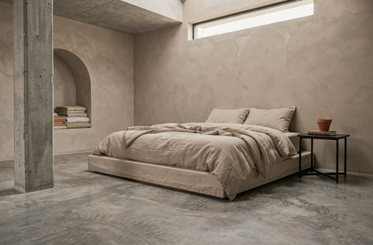 Chambre minimaliste style loft industriel avec sol en béton brut, lit plateforme en lin naturel et colonne en béton