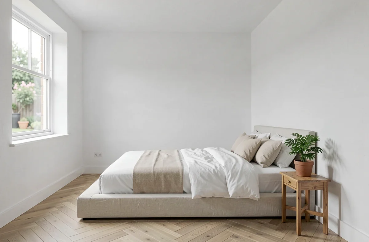Chambre rénovée aux murs blancs peints avec une peinture mate, décoration minimaliste et parquet en chêne